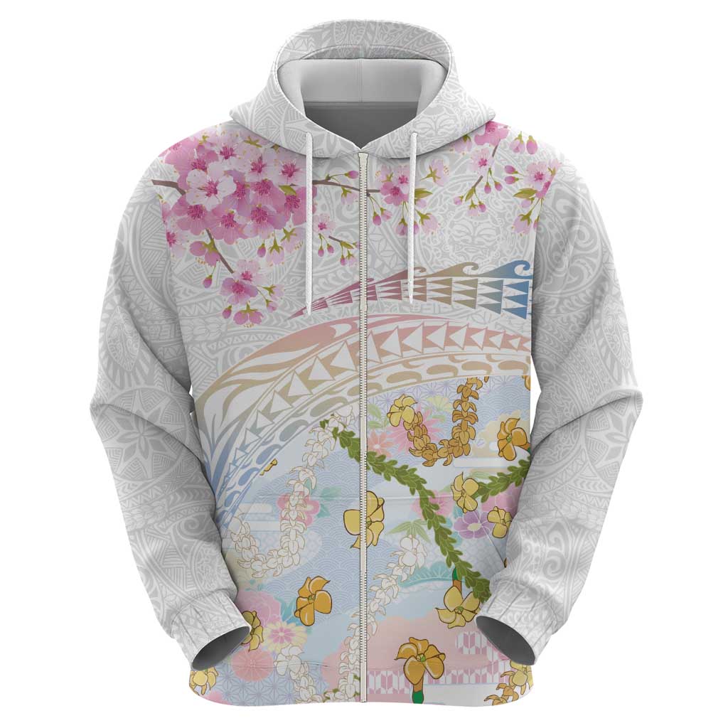 Hawaiian and Japanese Culture Together Hoodie Tribal Motifs with Lei and Japanese Sakura Pattern LT03 - Polynesian Pride