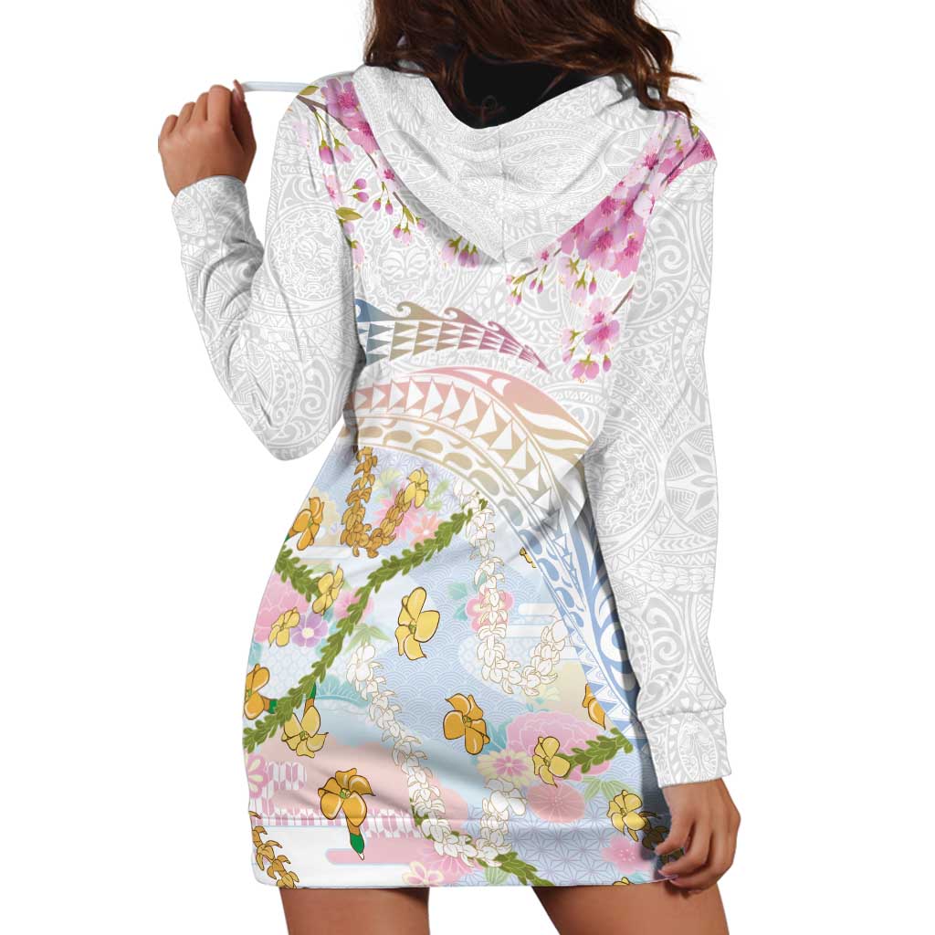 Hawaiian and Japanese Culture Together Hoodie Dress Tribal Motifs with Lei and Japanese Sakura Pattern LT03 - Polynesian Pride