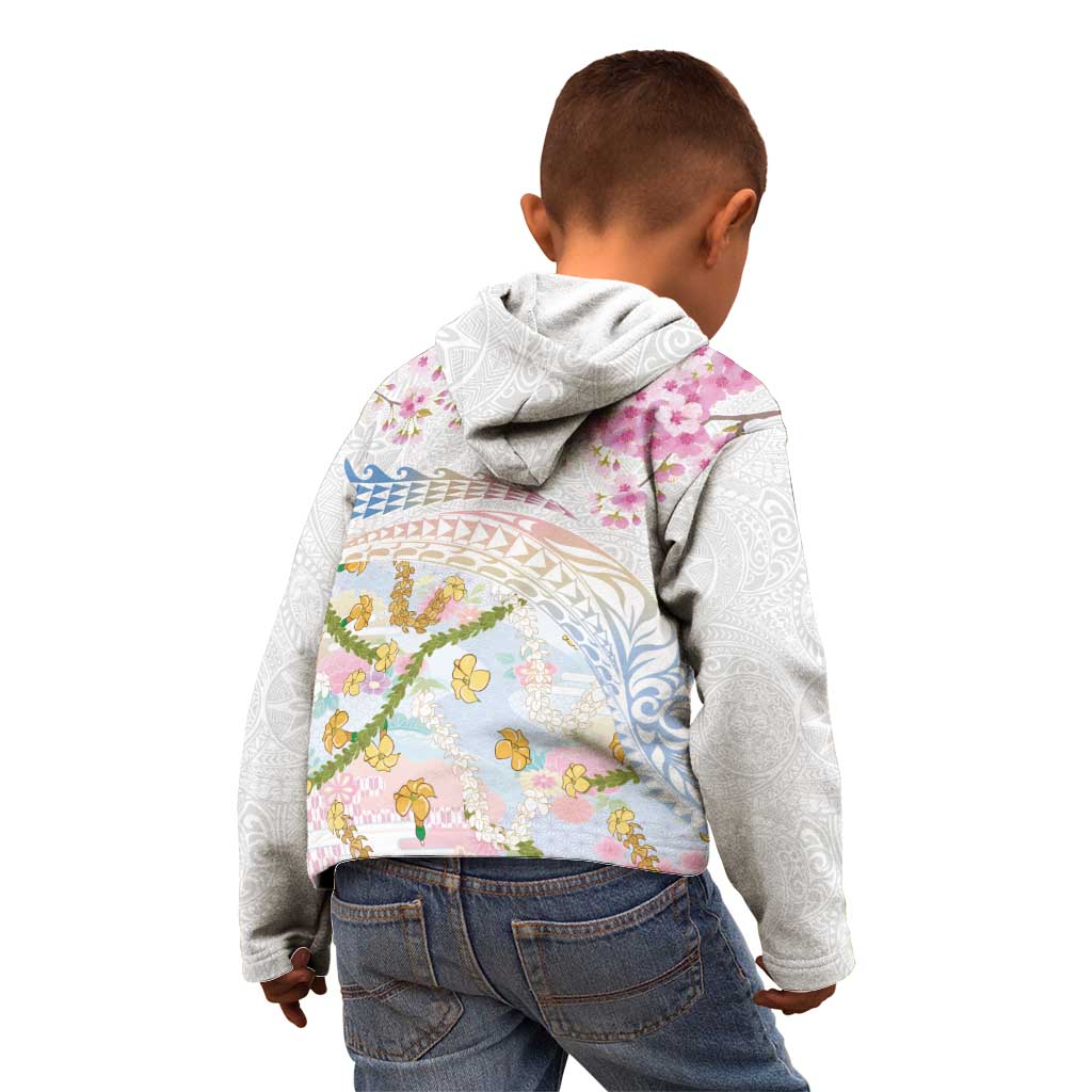 Hawaiian and Japanese Culture Together Kid Hoodie Tribal Motifs with Lei and Japanese Sakura Pattern LT03 - Polynesian Pride