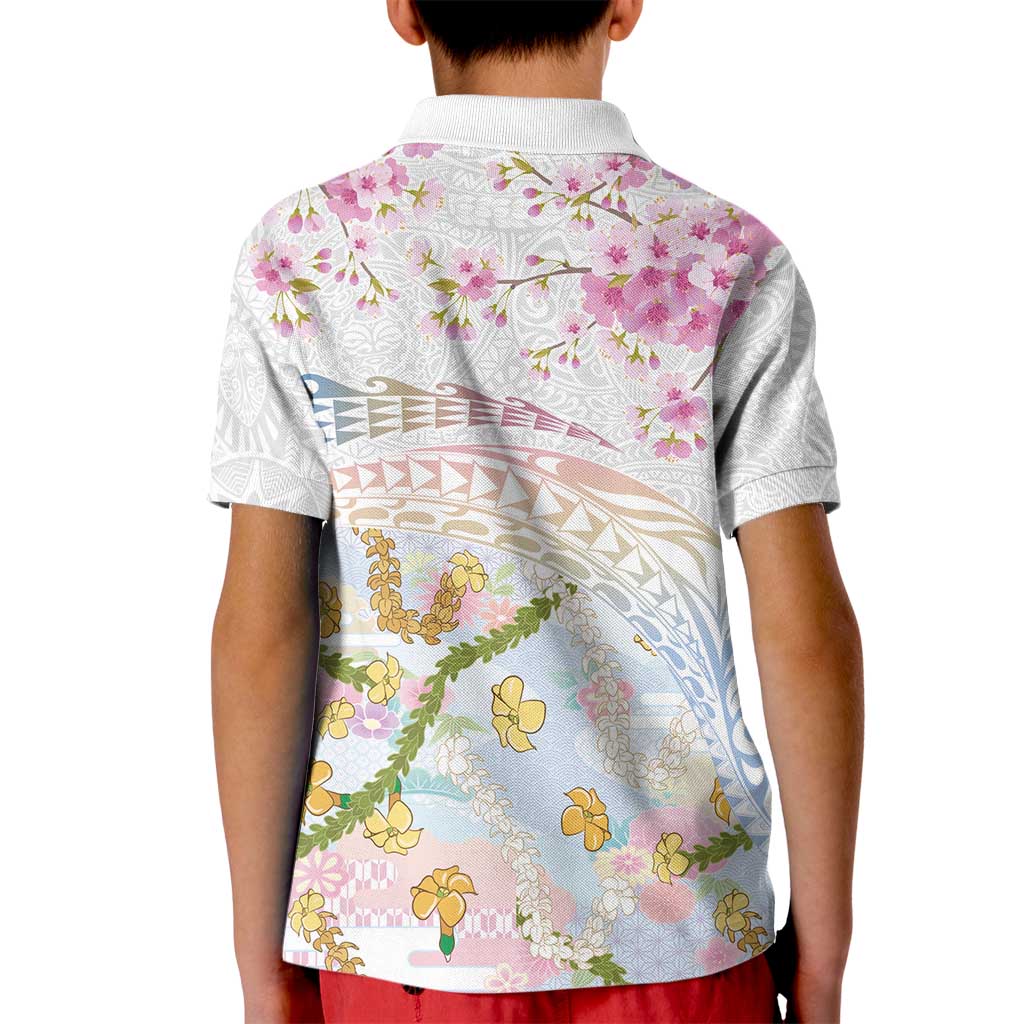 Hawaiian and Japanese Culture Together Kid Polo Shirt Tribal Motifs with Lei and Japanese Sakura Pattern LT03 - Polynesian Pride