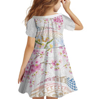 Hawaiian and Japanese Culture Together Kid Short Sleeve Dress Tribal Motifs with Lei and Japanese Sakura Pattern LT03 - Polynesian Pride