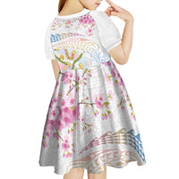 Hawaiian and Japanese Culture Together Kid Short Sleeve Dress Tribal Motifs with Lei and Japanese Sakura Pattern LT03 - Polynesian Pride