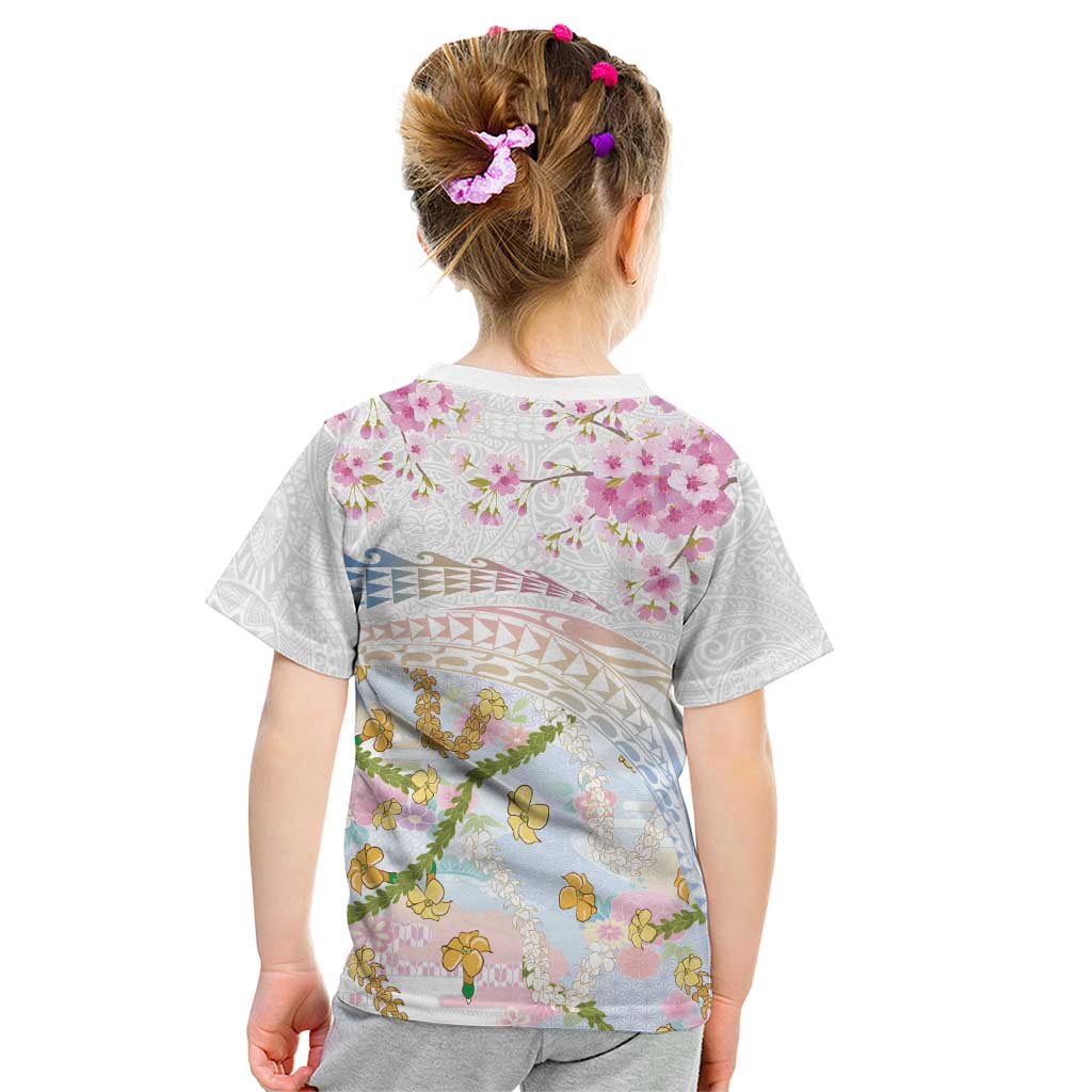 Hawaiian and Japanese Culture Together Kid T Shirt Tribal Motifs with Lei and Japanese Sakura Pattern LT03 - Polynesian Pride