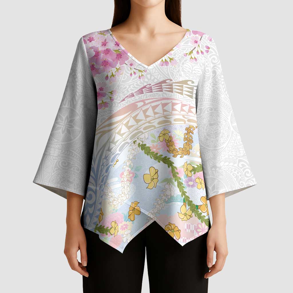 Hawaiian and Japanese Culture Together Kimono Sleeve Blouse Tribal Motifs with Lei and Japanese Sakura Pattern