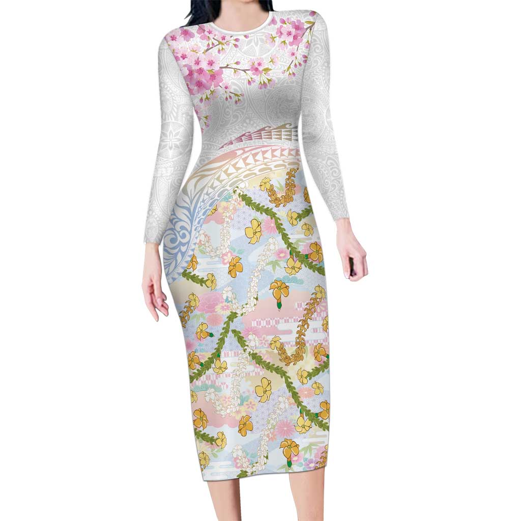 Hawaiian and Japanese Culture Together Long Sleeve Bodycon Dress Tribal Motifs with Lei and Japanese Sakura Pattern