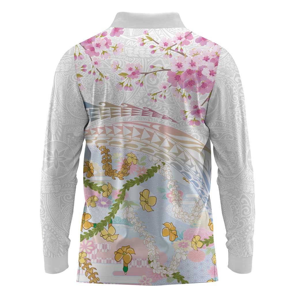 Hawaiian and Japanese Culture Together Long Sleeve Polo Shirt Tribal Motifs with Lei and Japanese Sakura Pattern LT03 - Polynesian Pride