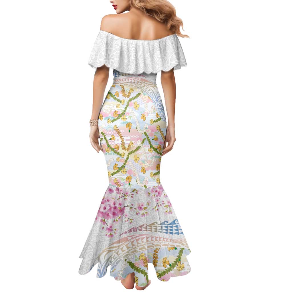 Hawaiian and Japanese Culture Together Mermaid Dress Tribal Motifs with Lei and Japanese Sakura Pattern LT03 - Polynesian Pride