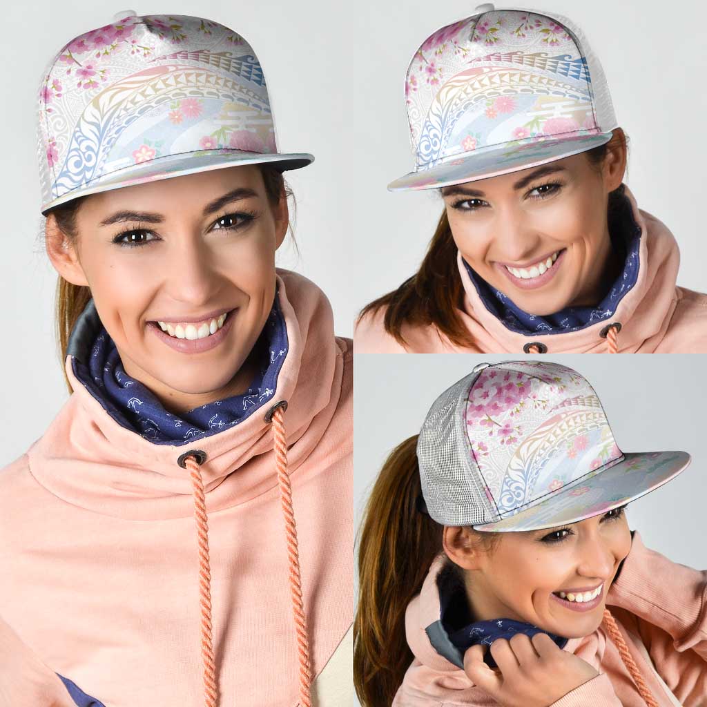 Hawaiian and Japanese Culture Together Mesh Trucker Cap Tribal Motifs with Lei and Japanese Sakura Pattern