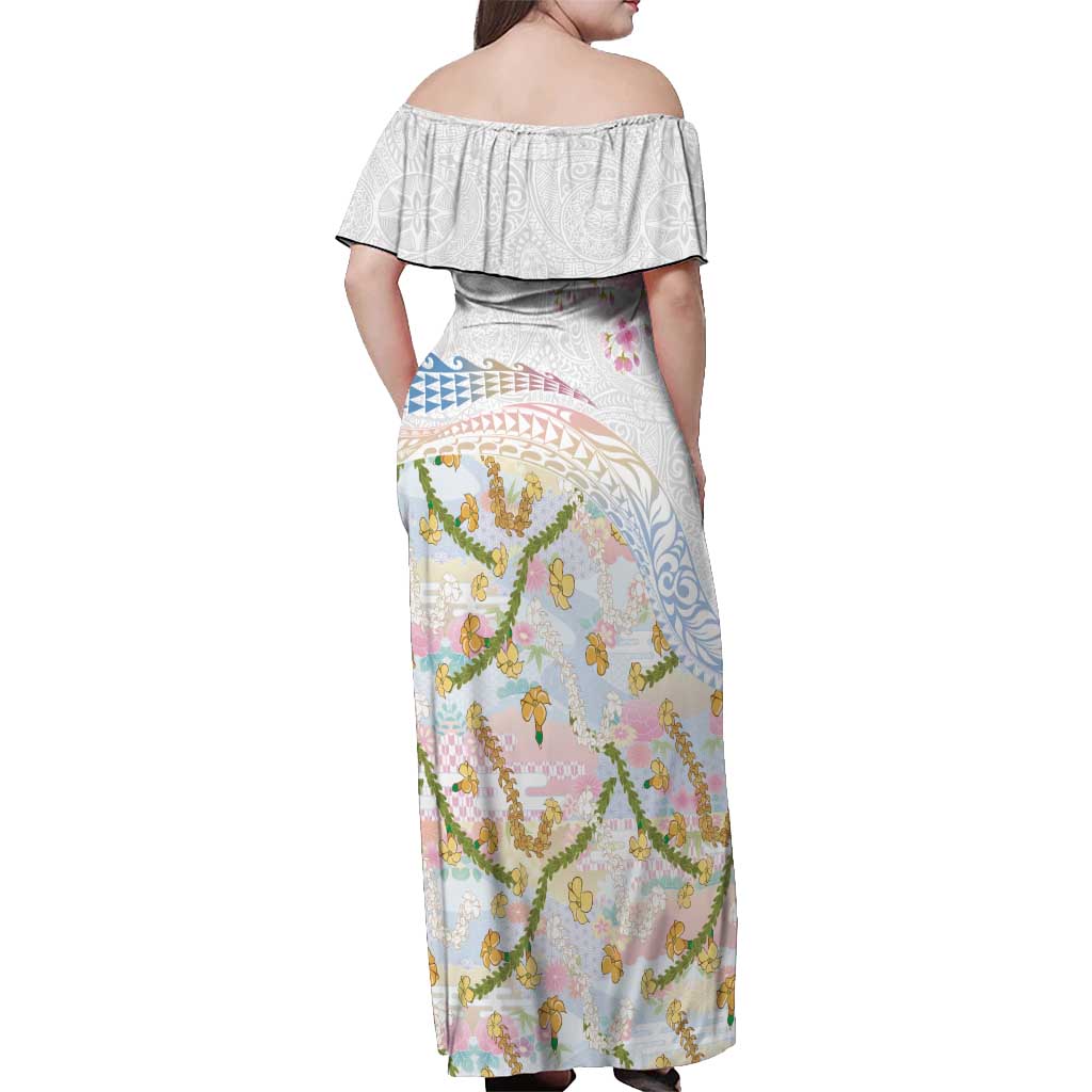 Hawaiian and Japanese Culture Together Off Shoulder Maxi Dress Tribal Motifs with Lei and Japanese Sakura Pattern LT03 - Polynesian Pride