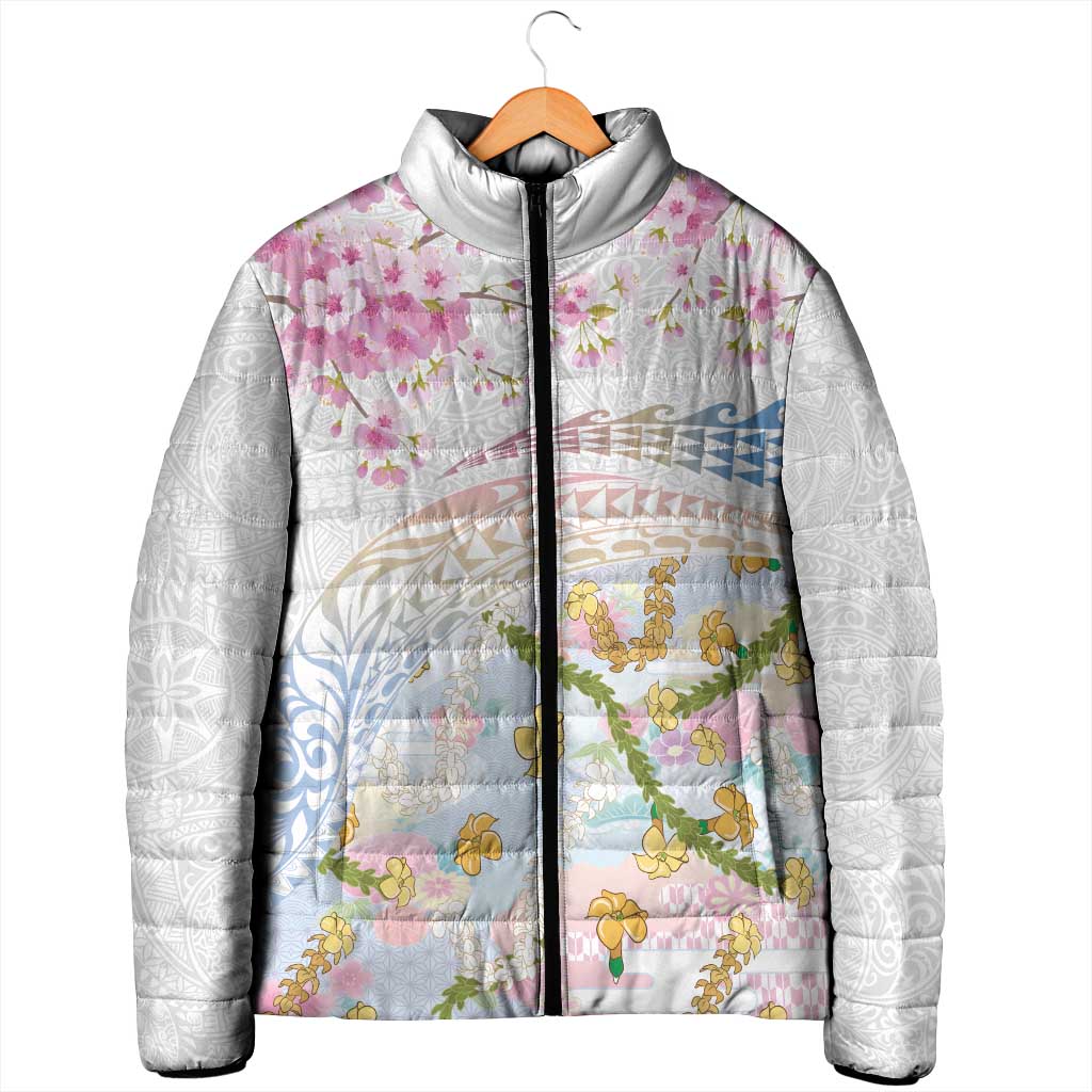 Hawaiian and Japanese Culture Together Padded Jacket Tribal Motifs with Lei and Japanese Sakura Pattern