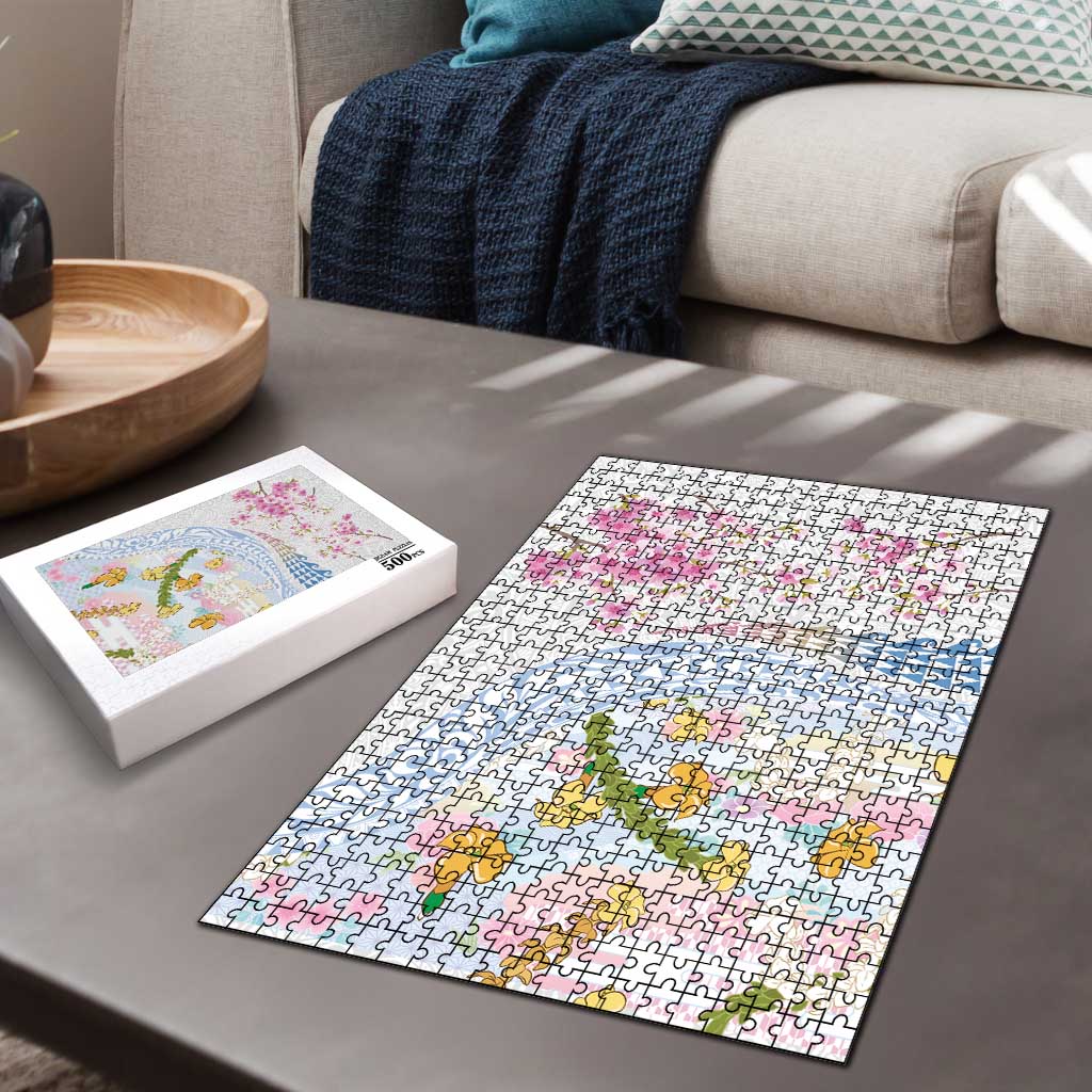 Hawaiian and Japanese Culture Together Puzzle Tribal Motifs with Lei and Japanese Sakura Pattern