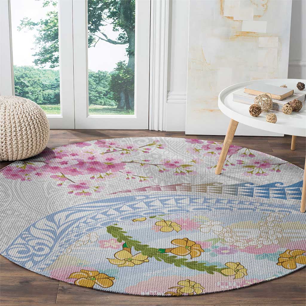 Hawaiian and Japanese Culture Together Round Carpet Tribal Motifs with Lei and Japanese Sakura Pattern