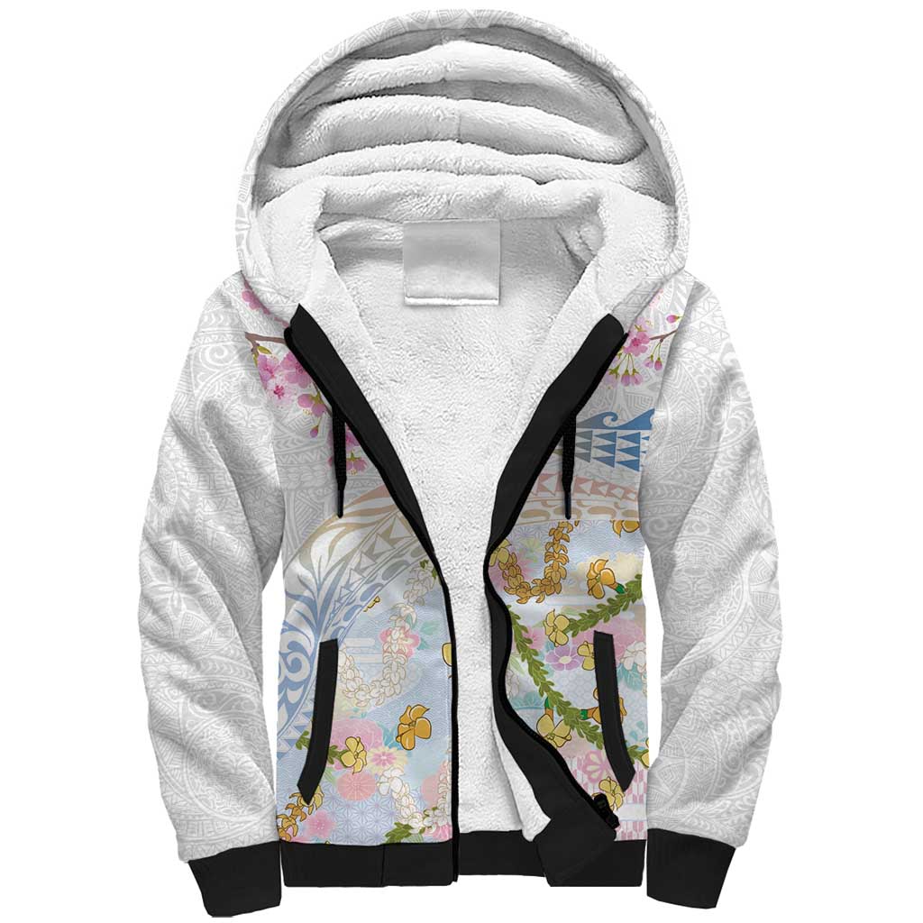 Hawaiian and Japanese Culture Together Sherpa Hoodie Tribal Motifs with Lei and Japanese Sakura Pattern LT03 Unisex White - Polynesian Pride