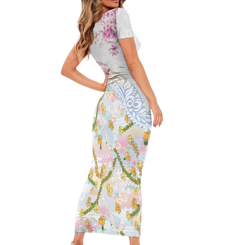 Hawaiian and Japanese Culture Together Short Sleeve Bodycon Dress Tribal Motifs with Lei and Japanese Sakura Pattern LT03 - Polynesian Pride