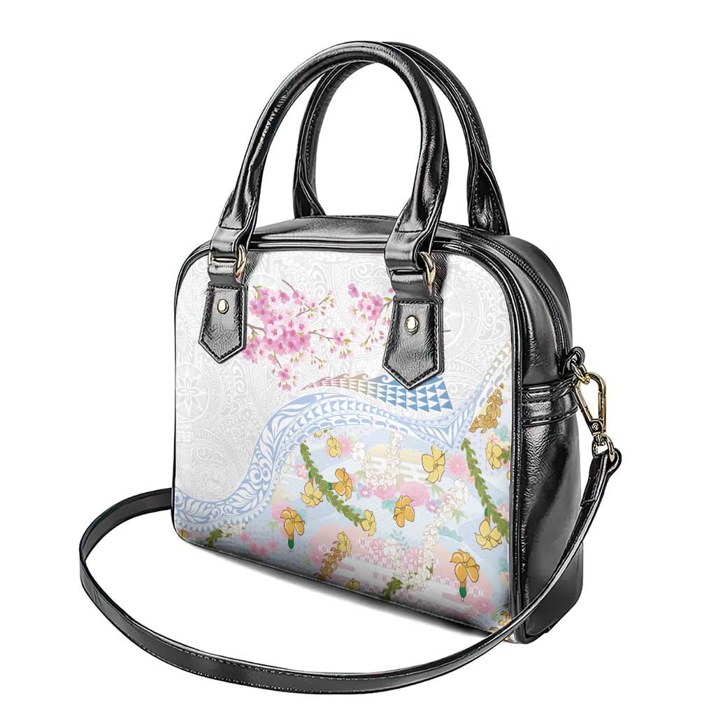Hawaiian and Japanese Culture Together Shoulder Handbag Tribal Motifs with Lei and Japanese Sakura Pattern