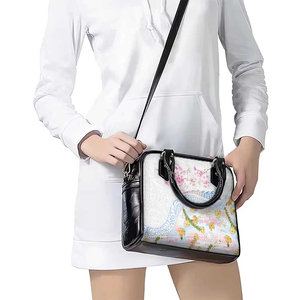 Hawaiian and Japanese Culture Together Shoulder Handbag Tribal Motifs with Lei and Japanese Sakura Pattern