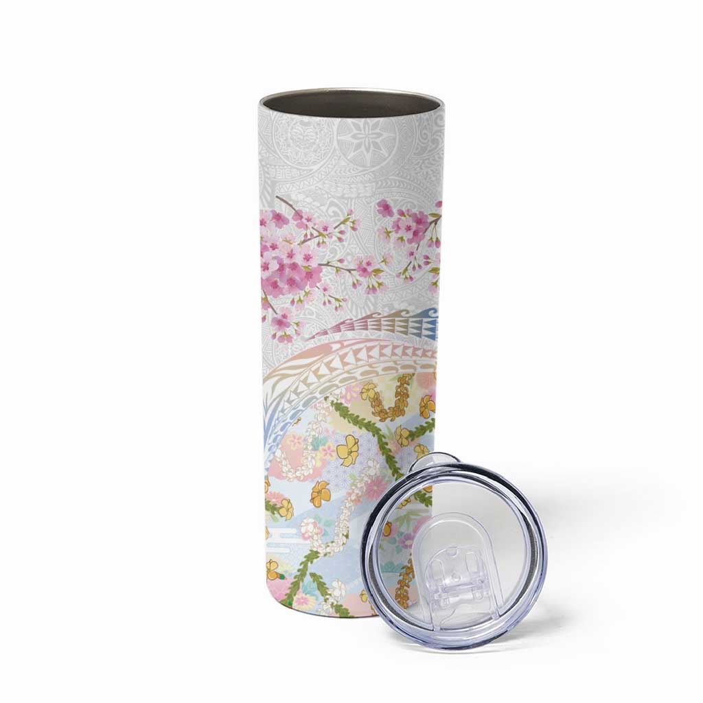Hawaiian and Japanese Culture Together Skinny Tumbler Tribal Motifs with Lei and Japanese Sakura Pattern LT03 - Polynesian Pride