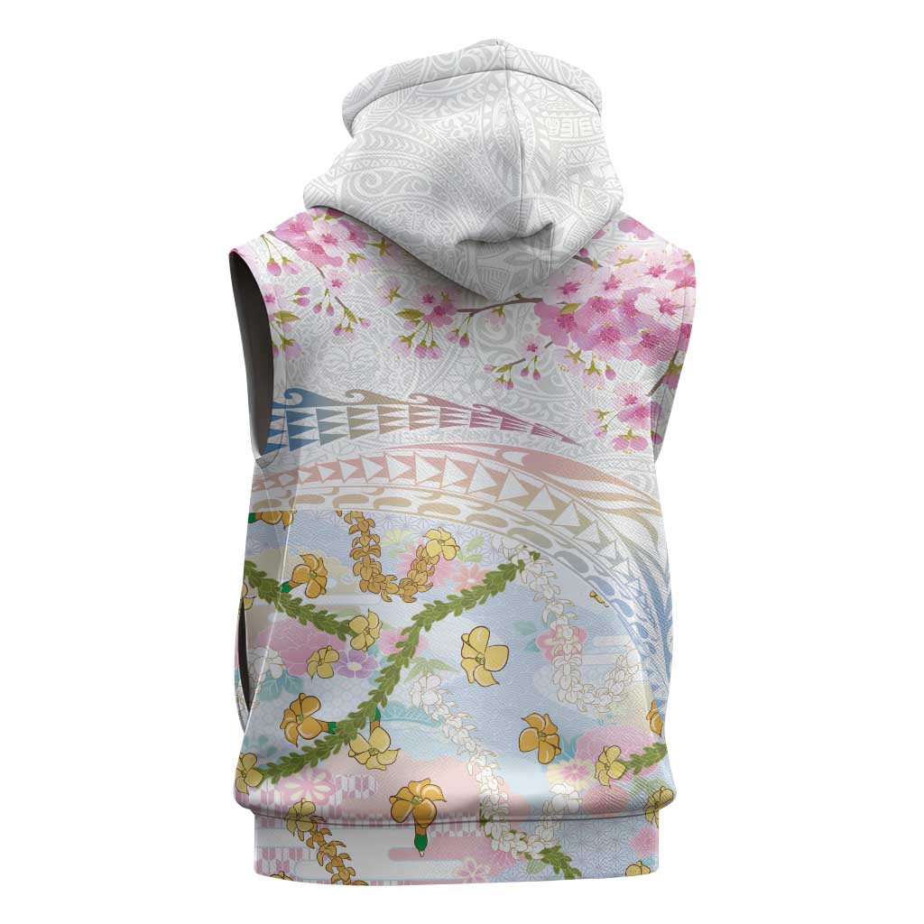 Hawaiian and Japanese Culture Together Sleeveless Zip Hoodie Tribal Motifs with Lei and Japanese Sakura Pattern LT03 - Polynesian Pride