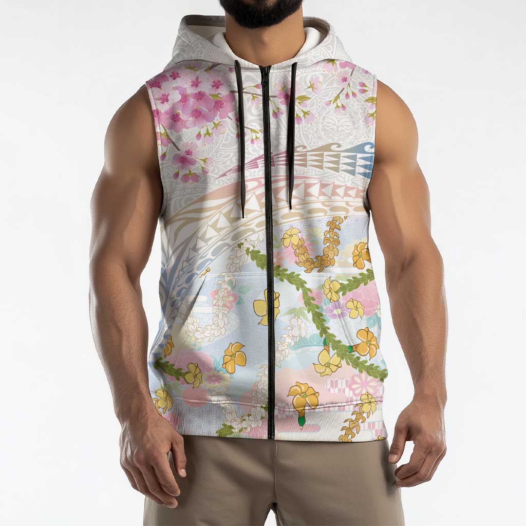 Hawaiian and Japanese Culture Together Sleeveless Zip Hoodie Tribal Motifs with Lei and Japanese Sakura Pattern LT03 - Polynesian Pride