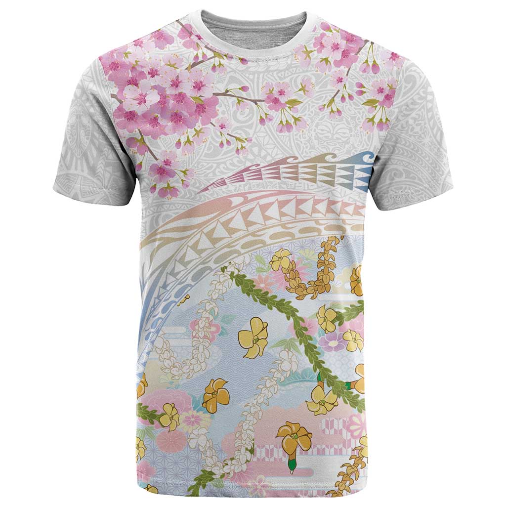 Hawaiian and Japanese Culture Together T Shirt Tribal Motifs with Lei and Japanese Sakura Pattern