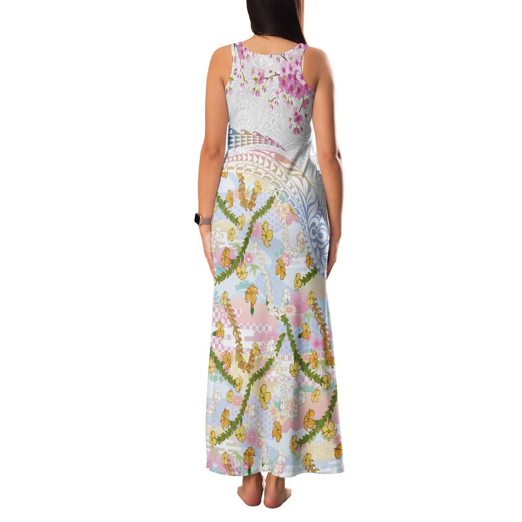 Hawaiian and Japanese Culture Together Tank Maxi Dress Tribal Motifs with Lei and Japanese Sakura Pattern LT03 - Polynesian Pride