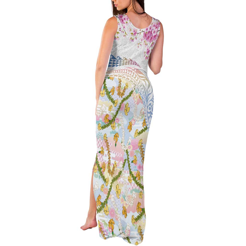 Hawaiian and Japanese Culture Together Tank Maxi Dress Tribal Motifs with Lei and Japanese Sakura Pattern LT03 - Polynesian Pride
