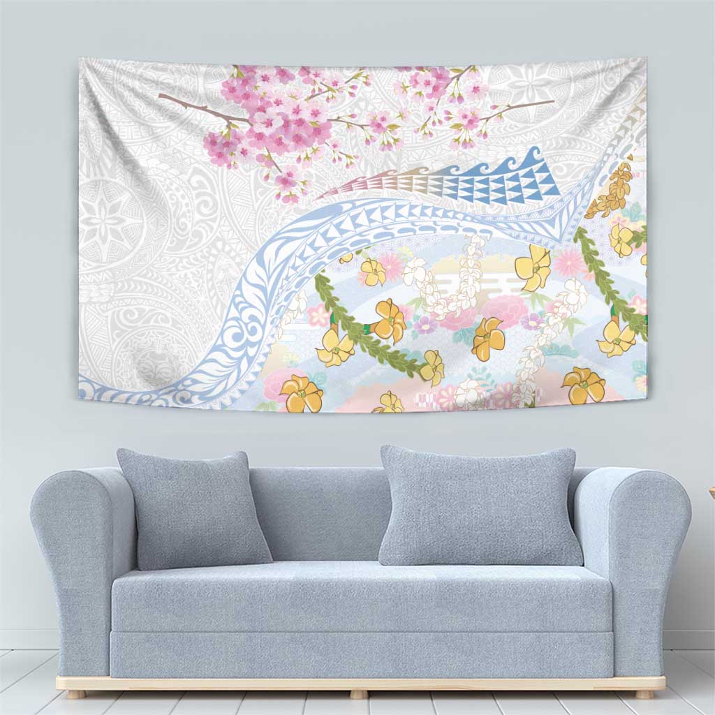 Hawaiian and Japanese Culture Together Tapestry Tribal Motifs with Lei and Japanese Sakura Pattern LT03 - Polynesian Pride