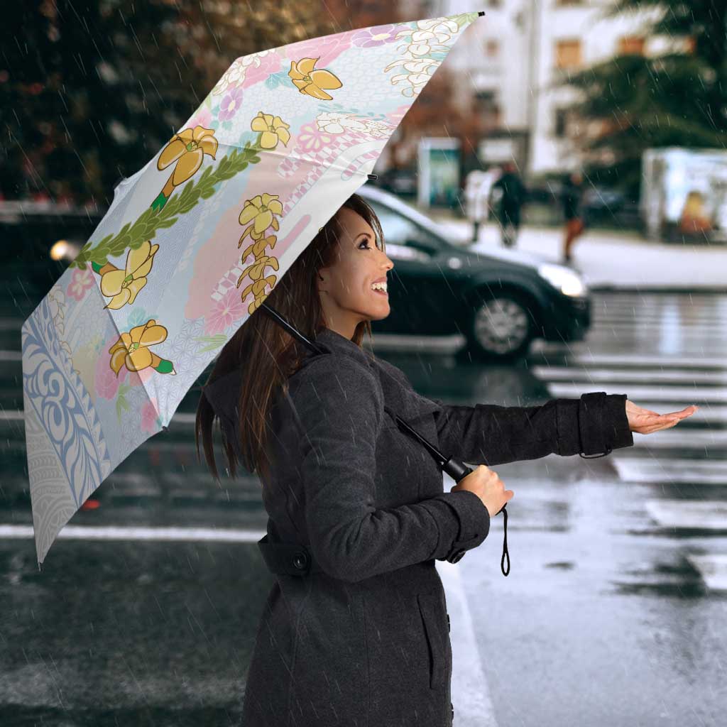 Hawaiian and Japanese Culture Together Umbrella Tribal Motifs with Lei and Japanese Sakura Pattern