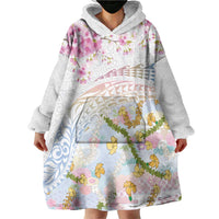 Hawaiian and Japanese Culture Together Wearable Blanket Hoodie Tribal Motifs with Lei and Japanese Sakura Pattern LT03 - Polynesian Pride