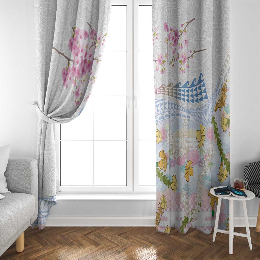 Hawaiian and Japanese Culture Together Window Curtain Tribal Motifs with Lei and Japanese Sakura Pattern