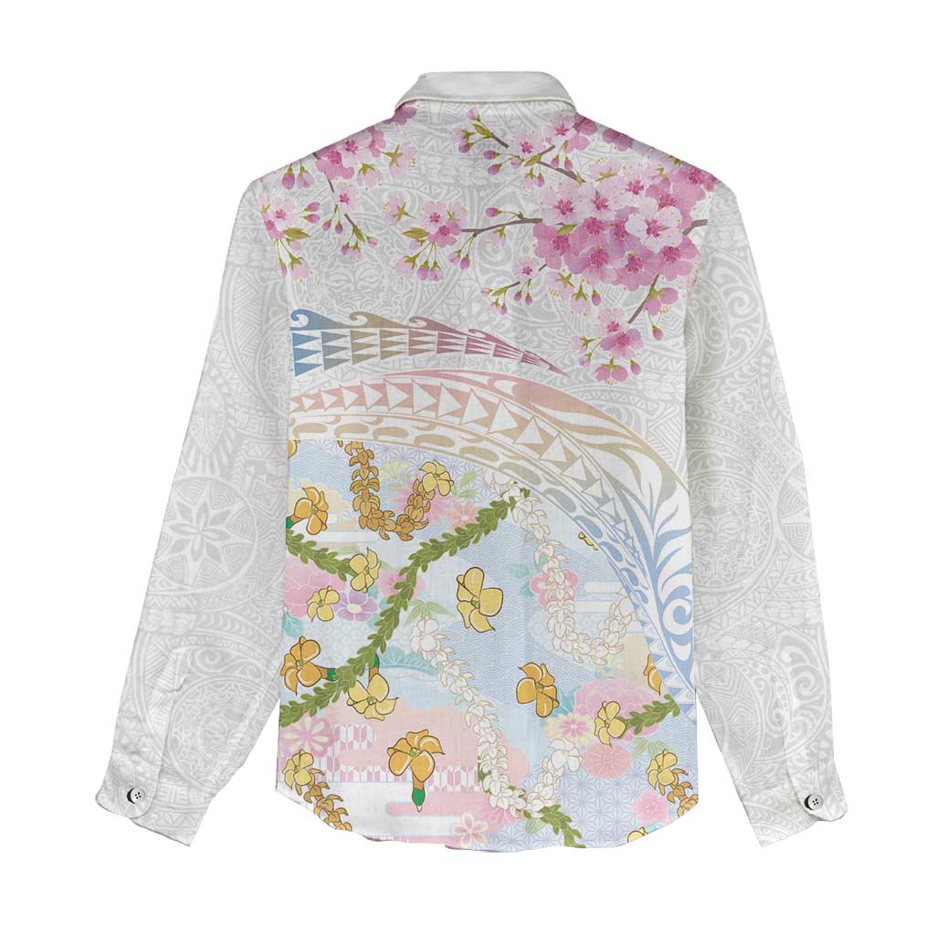Hawaiian and Japanese Culture Together Women Casual Shirt Tribal Motifs with Lei and Japanese Sakura Pattern LT03 - Polynesian Pride
