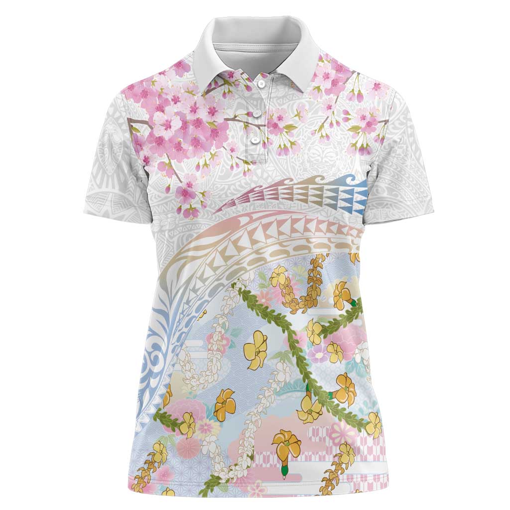 Hawaiian and Japanese Culture Together Women Polo Shirt Tribal Motifs with Lei and Japanese Sakura Pattern LT03 Female White - Polynesian Pride
