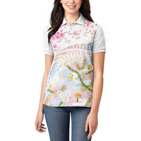 Hawaiian and Japanese Culture Together Women Polo Shirt Tribal Motifs with Lei and Japanese Sakura Pattern LT03 - Polynesian Pride