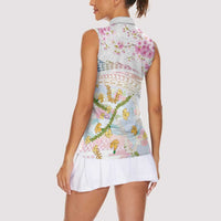 Hawaiian and Japanese Culture Together Women Sleeveless Polo Shirt Tribal Motifs with Lei and Japanese Sakura Pattern LT03 - Polynesian Pride