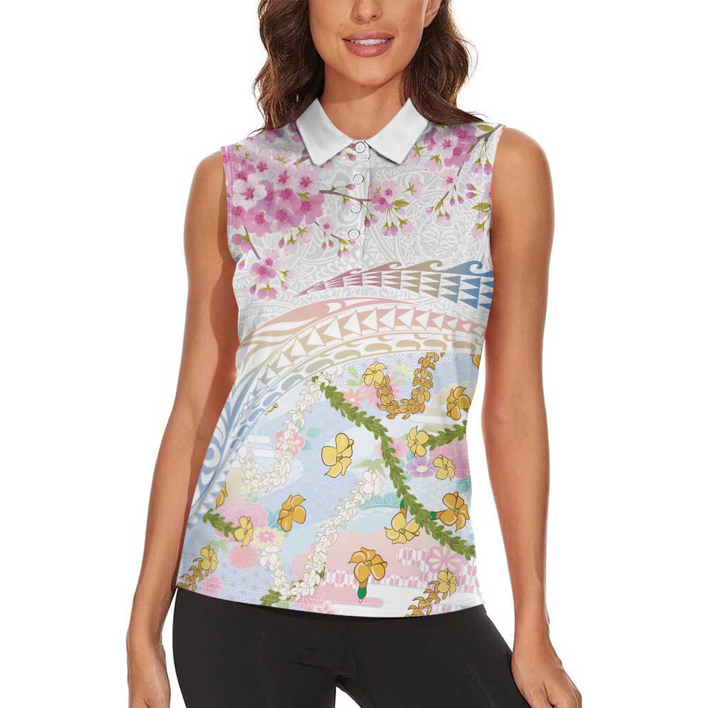 Hawaiian and Japanese Culture Together Women Sleeveless Polo Shirt Tribal Motifs with Lei and Japanese Sakura Pattern LT03 - Polynesian Pride