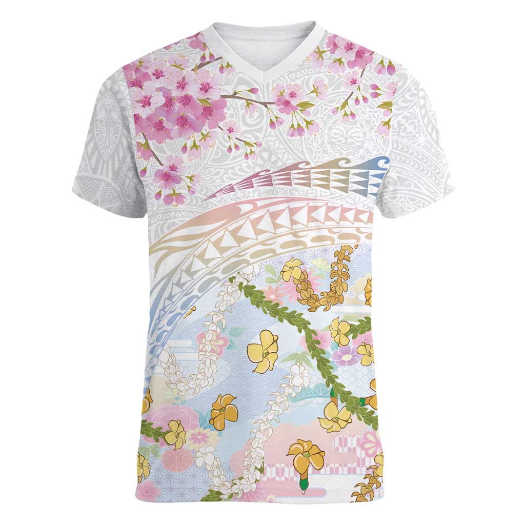 Hawaiian and Japanese Culture Together Women V-Neck T-Shirt Tribal Motifs with Lei and Japanese Sakura Pattern