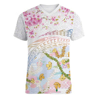 Hawaiian and Japanese Culture Together Women V-Neck T-Shirt Tribal Motifs with Lei and Japanese Sakura Pattern LT03 Female White - Polynesian Pride