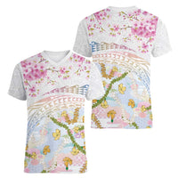 Hawaiian and Japanese Culture Together Women V-Neck T-Shirt Tribal Motifs with Lei and Japanese Sakura Pattern LT03 - Polynesian Pride