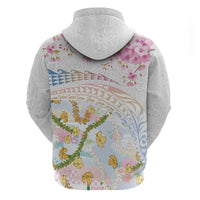 Hawaiian and Japanese Culture Together Zip Hoodie Tribal Motifs with Lei and Japanese Sakura Pattern LT03 - Polynesian Pride