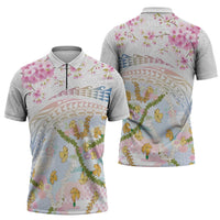 Hawaiian and Japanese Culture Together Zipper Polo Shirt Tribal Motifs with Lei and Japanese Sakura Pattern LT03 - Polynesian Pride