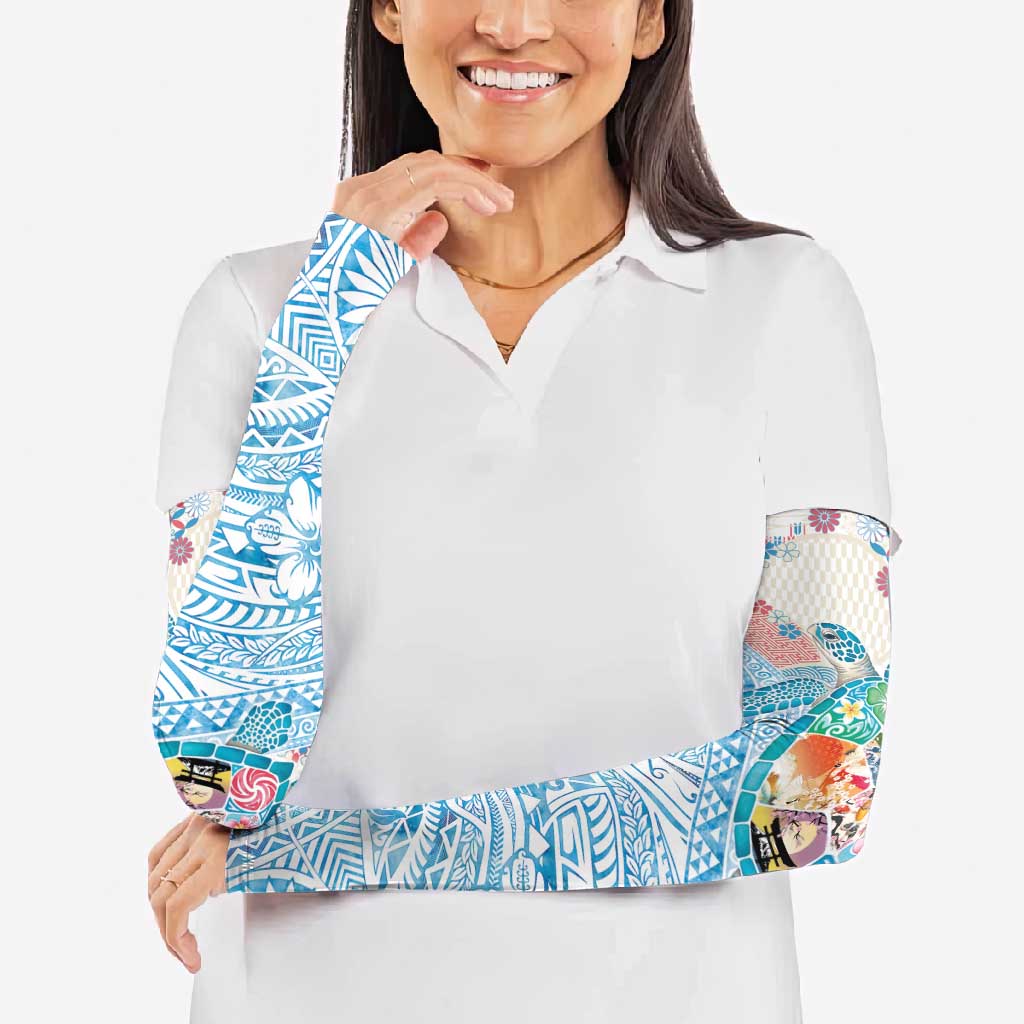 Hawaiian and Japanese Culture Together Arm Sleeves Tropical Honu with Japanese Elements Blue Color