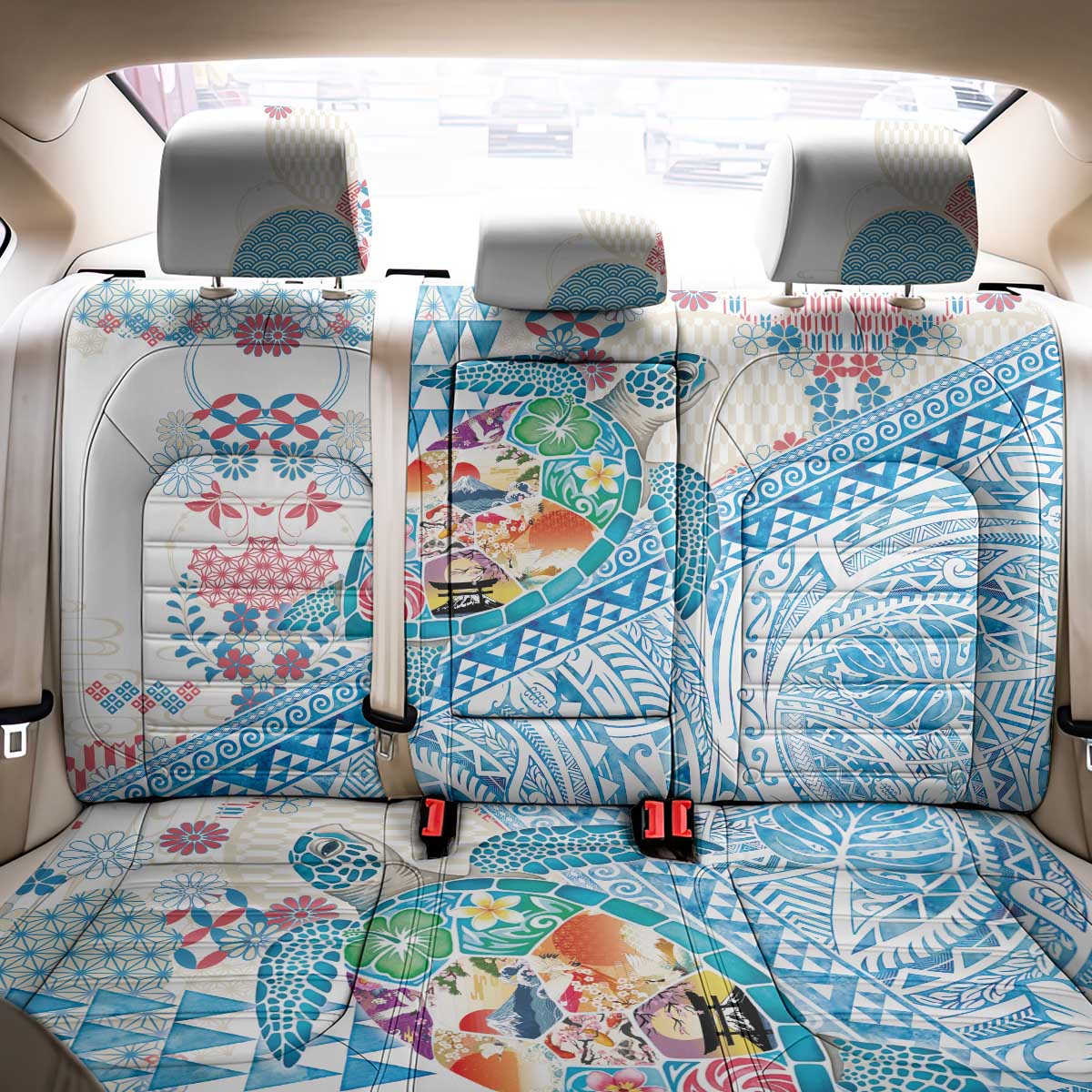 Hawaiian and Japanese Culture Together Back Car Seat Cover Tropical Honu with Japanese Elements Blue Color LT03 - Polynesian Pride