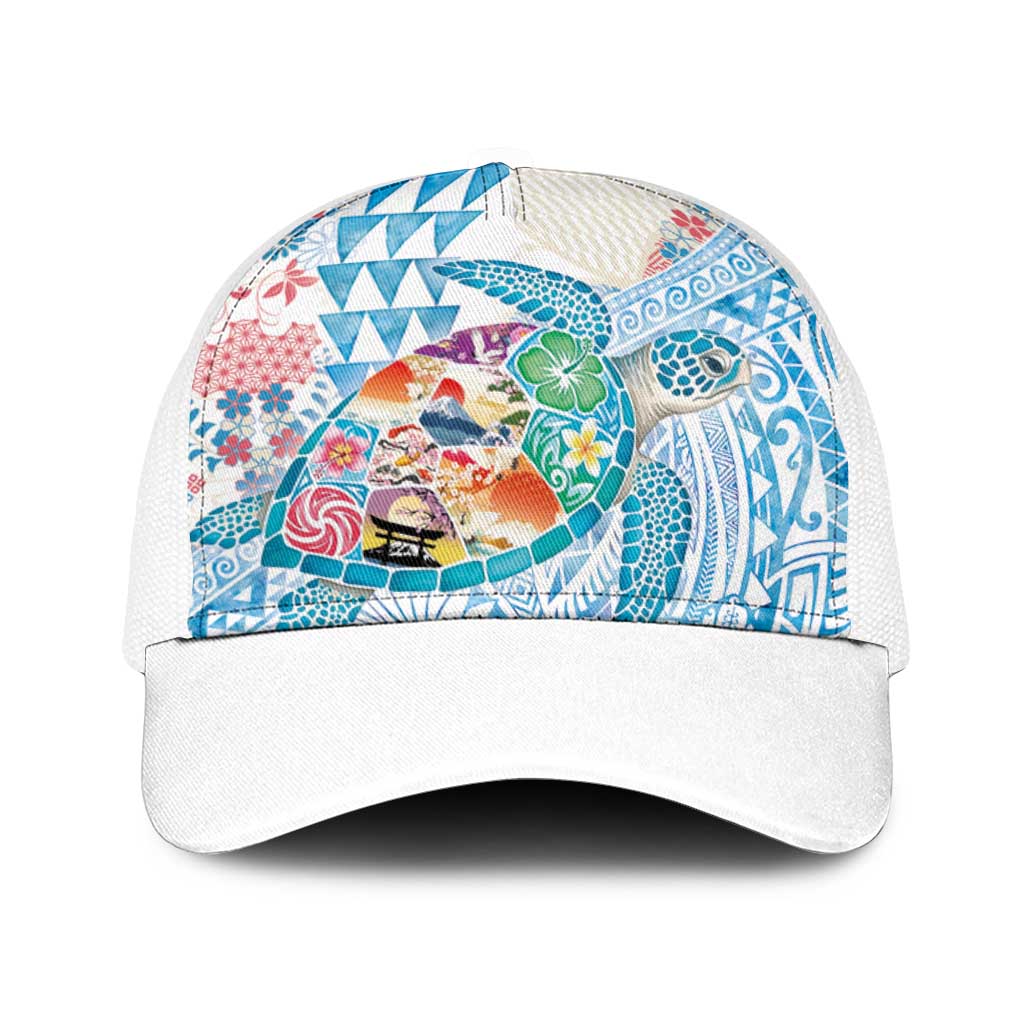 Hawaiian and Japanese Culture Together Baseball Net Cap Tropical Honu with Japanese Elements Blue Color