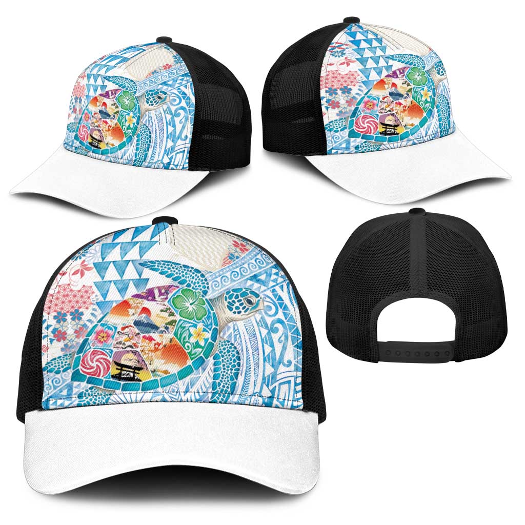 Hawaiian and Japanese Culture Together Baseball Net Cap Tropical Honu with Japanese Elements Blue Color