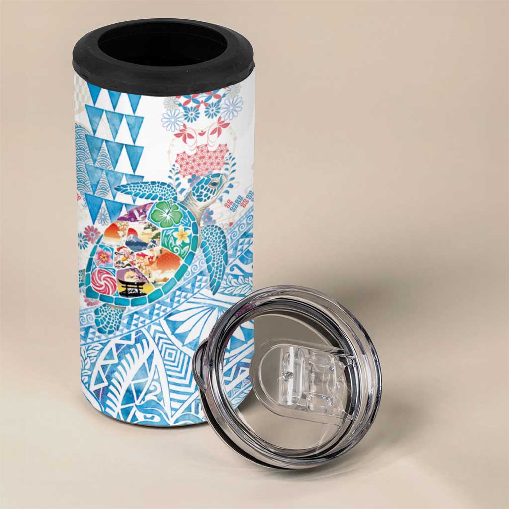 Hawaiian and Japanese Culture Together 4 in 1 Can Cooler Tumbler Tropical Honu with Japanese Elements Blue Color LT03 - Polynesian Pride