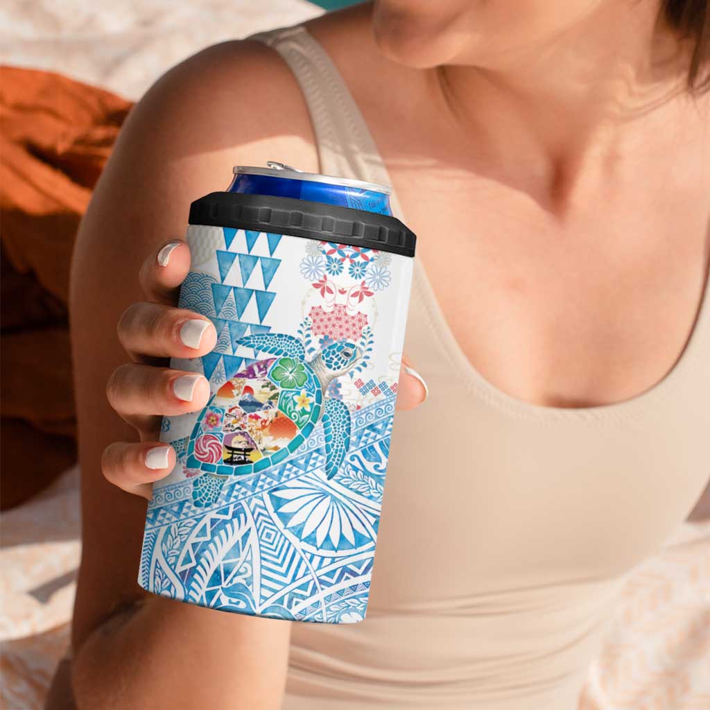 Hawaiian and Japanese Culture Together 4 in 1 Can Cooler Tumbler Tropical Honu with Japanese Elements Blue Color LT03 - Polynesian Pride