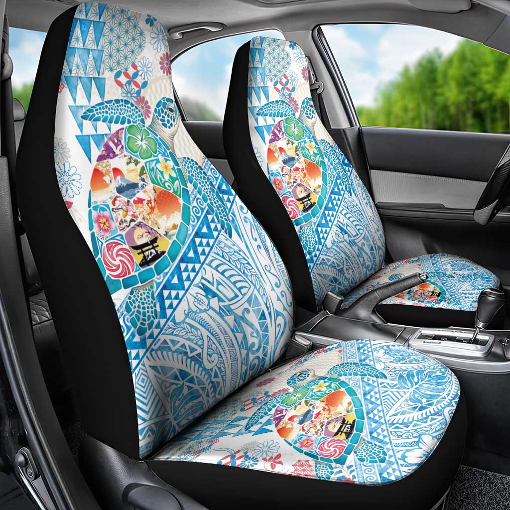 Hawaiian and Japanese Culture Together Car Seat Cover Tropical Honu with Japanese Elements Blue Color