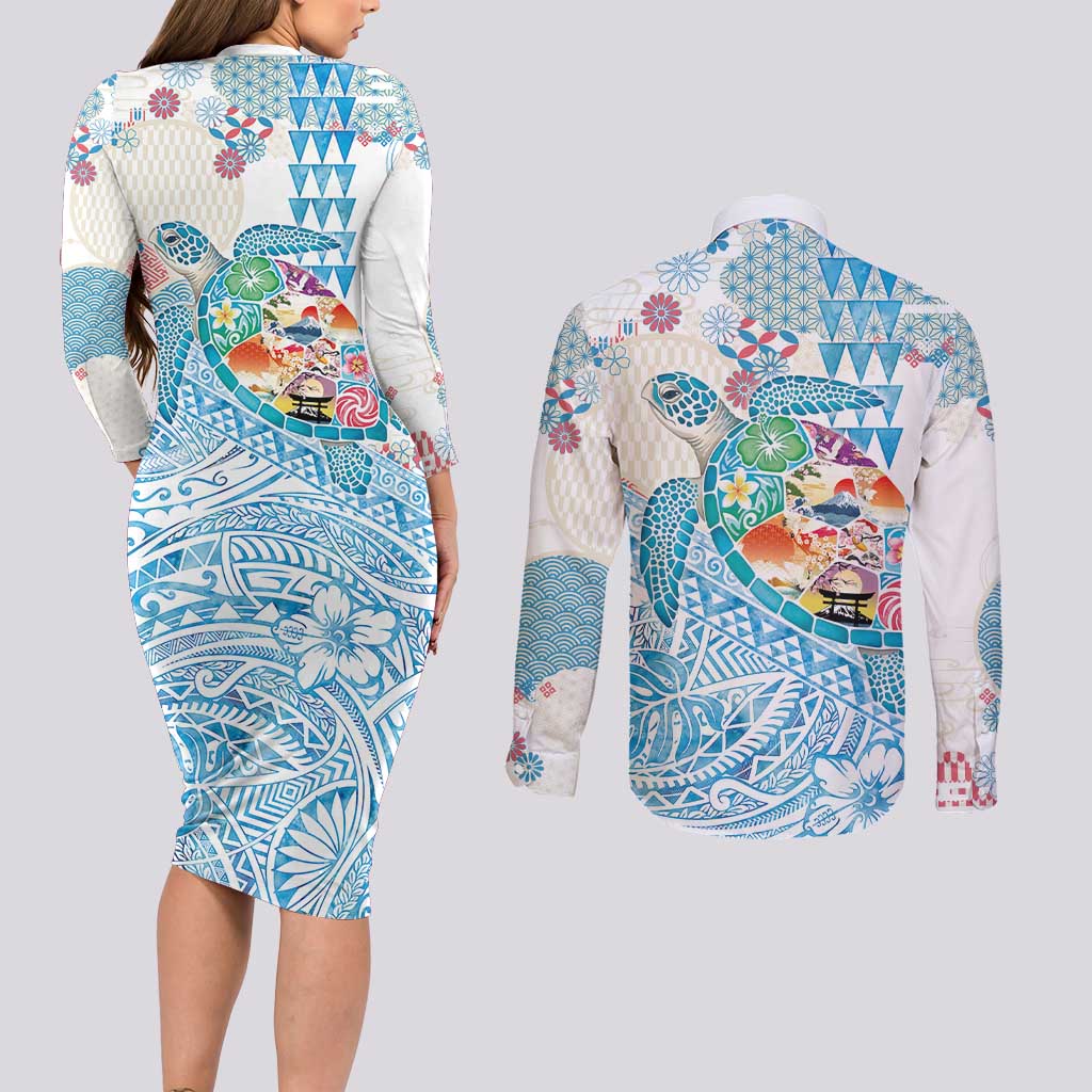 Hawaiian and Japanese Culture Together Couples Matching Long Sleeve Bodycon Dress and Long Sleeve Button Shirt Tropical Honu with Japanese Elements Blue Color LT03 - Polynesian Pride