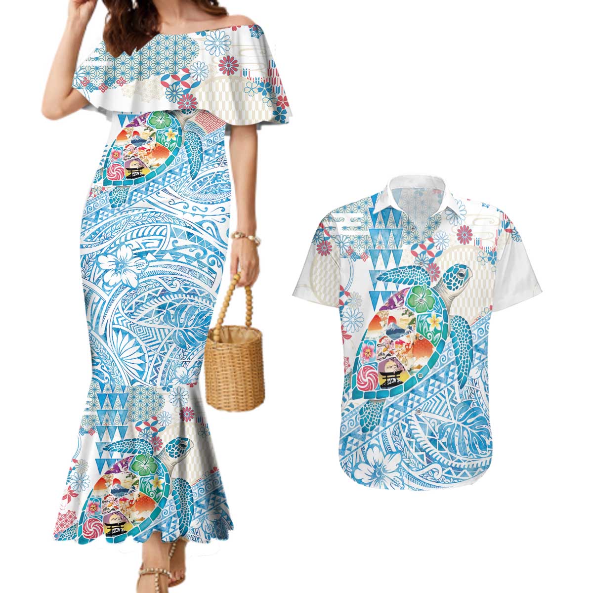 Hawaiian and Japanese Culture Together Couples Matching Mermaid Dress and Hawaiian Shirt Tropical Honu with Japanese Elements Blue Color LT03 Blue - Polynesian Pride