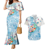 Hawaiian and Japanese Culture Together Couples Matching Mermaid Dress and Hawaiian Shirt Tropical Honu with Japanese Elements Blue Color LT03 Blue - Polynesian Pride